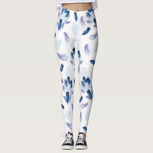 Exotic-White Parrot Blue tone Feathers Repeeert Leggings (Voorkant)