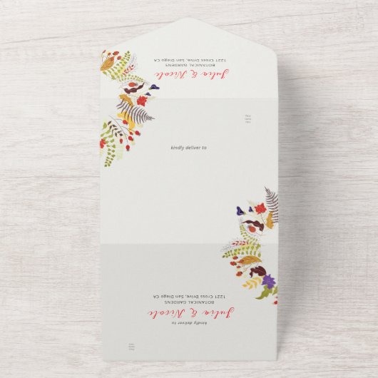 Exotic Woodland Wildflower krans bruiloft All In One Uitnodiging (Buitenkant)