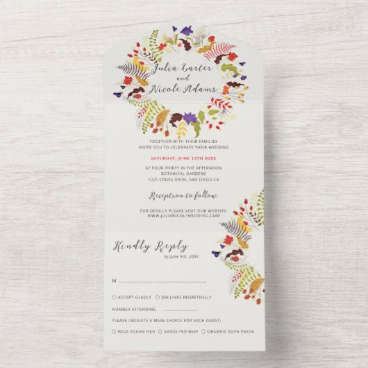 Exotic Woodland Wildflower krans bruiloft All In One Uitnodiging (Binnen)