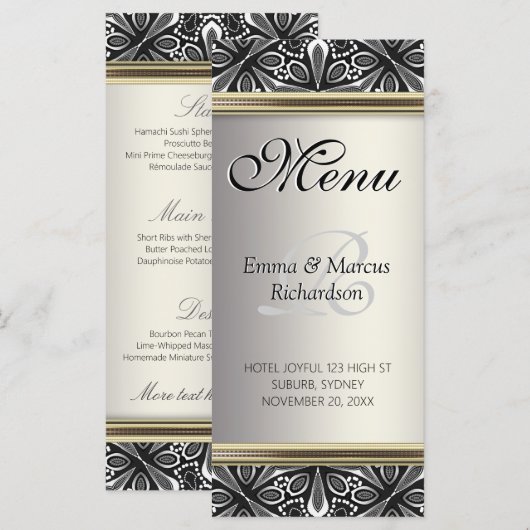 Exotic Zilver Zwart Wit Decor Wedding Menu (Voorkant / Achterkant)