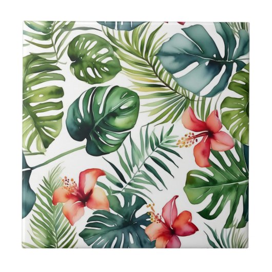 Exotisch gebladerte Tropische Waterverf en bloemen Tegeltje (Voorkant)