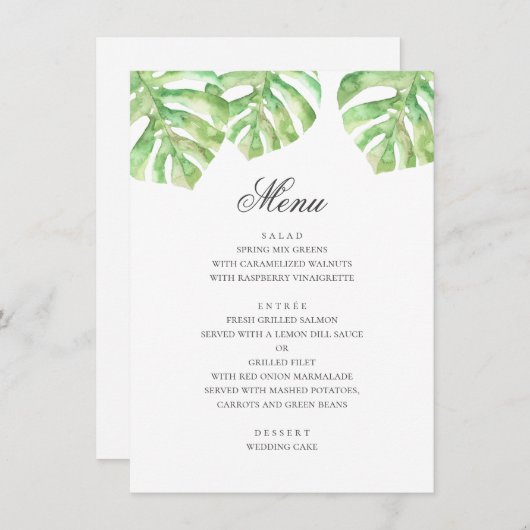 Exotisch groen blad. Zomer tropische bruiloft Menu (Voorkant / Achterkant)
