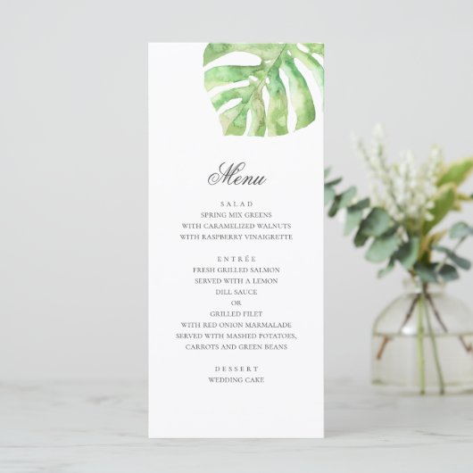 Exotisch groen blad. Zomer tropische bruiloft Menu (Staand voorkant)