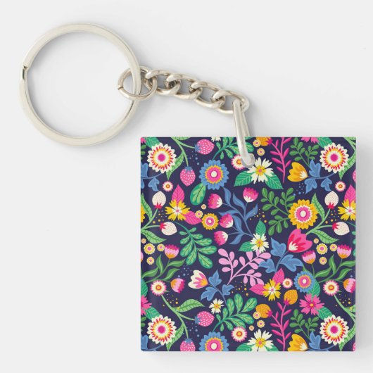 Exotisch handgeschilderd bloemmotief sleutelhanger (voorkant)