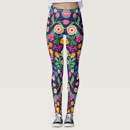 Exotisch handgeschilderd bloempatroon leggings (Voorkant)