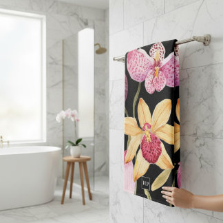 Exotisch Orchidee Watercolor Bloemenpatroon Zwarte Bad Handdoek