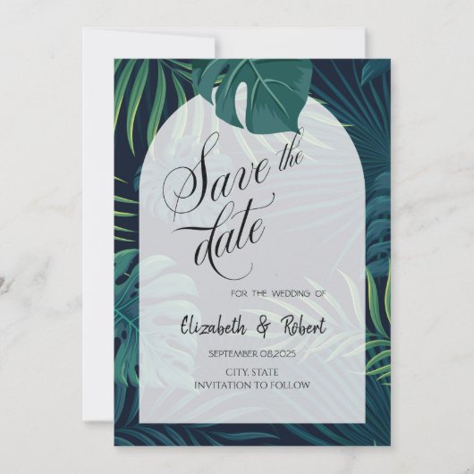 Exotisch palmenblad save the date (Voorkant)