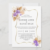 Exotisch Pampagras Paarse Orchideeën Gouden Bruilo Kaart (Voorkant)