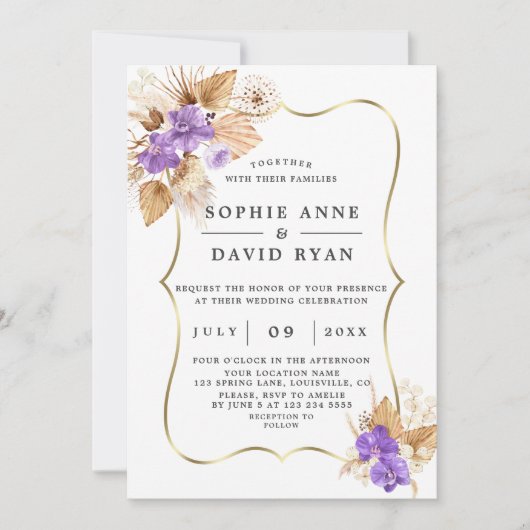 Exotisch Pampagras Paarse Orchideeën Gouden Bruilo Kaart (Voorkant)