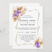 Exotisch Pampagras Paarse Orchideeën Gouden Bruilo Kaart (Voorkant / Achterkant)