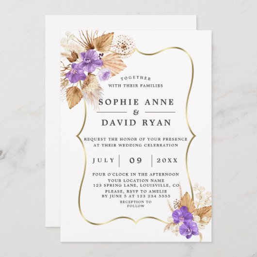 Exotisch Pampagras Paarse Orchideeën Gouden Bruilo Kaart (Voorkant / Achterkant)