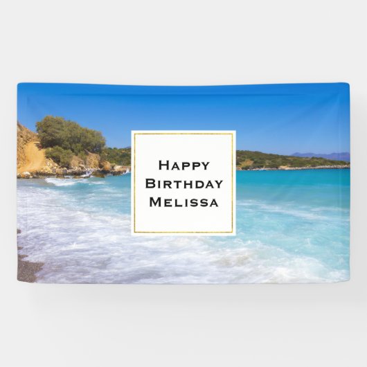 Exotisch strand tropisch eiland paradijs verjaarda spandoek (Horizontaal)