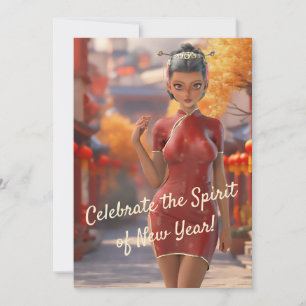 Exotisch Toon meisje viert Chinees Nieuwjaar Feestdagenkaart