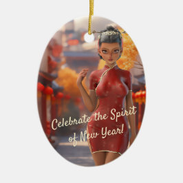 Exotisch Toon meisje viert Chinees Nieuwjaar Keramisch Ornament