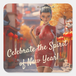 Exotisch Toon meisje viert Chinees Nieuwjaar Vierkante Sticker