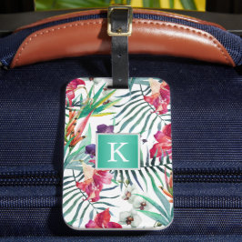 Exotisch tropisch bloemmotief met elk monogram bagagelabel