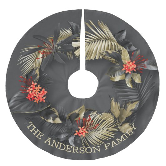 Exotisch tropisch gebladerte in goud en zwart kerstboom rok (Voorkant)