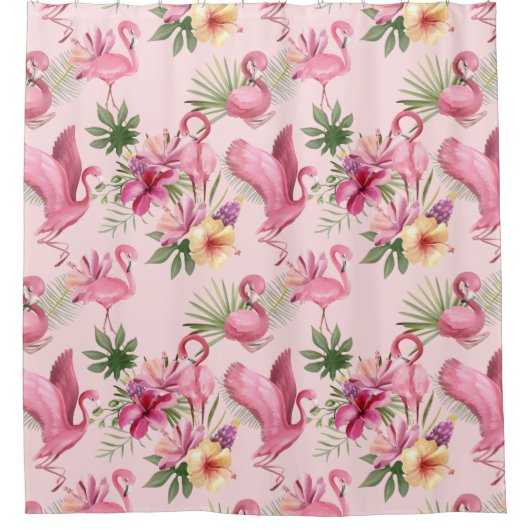 Exotisch vliegen Flamingo en bloemen Douchegordijn (Voorkant)