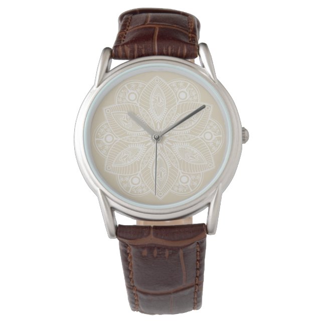 Exotisch wit Mandala op beige achtergrond Horloge (Voorkant)