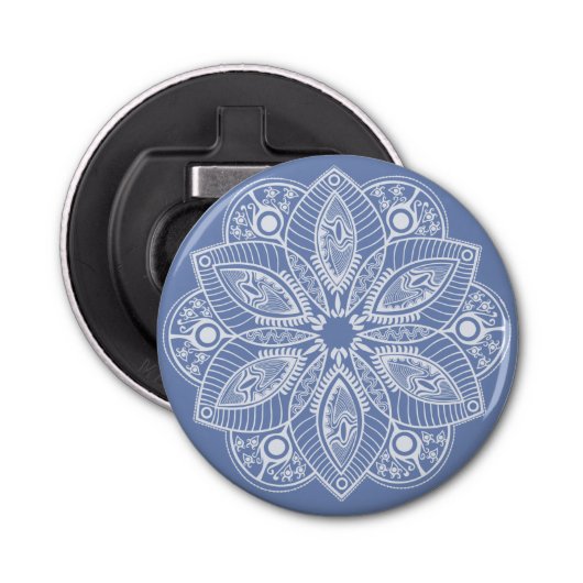 Exotisch wit Mandala op blauwe achtergrond Button Flesopener (Voorkant)