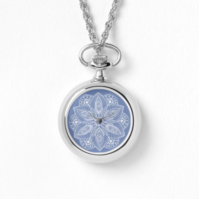 Exotisch wit Mandala op blauwe achtergrond Horloge (Voorkant)