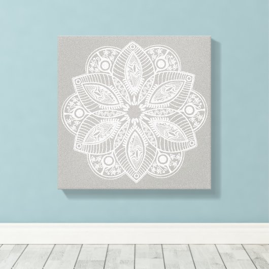 Exotisch wit Mandala op grijze achtergrond Canvas Afdruk (Insitu (Houten vloer))