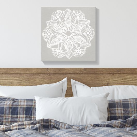 Exotisch wit Mandala op grijze achtergrond Canvas Afdruk (Insitu (Slaapkamer))