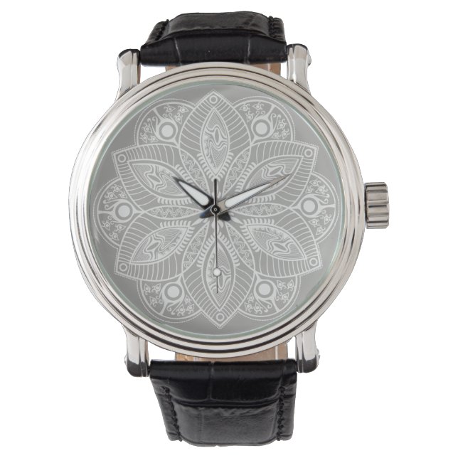 Exotisch wit Mandala op grijze achtergrond Horloge (Voorkant)