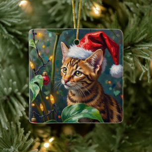 Exotische Bengaalse Kat Jungle Kerstmis Speeltijd Keramisch Ornament
