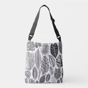 Exotische bladeren,  bloemenzwart en wit. crossbody tas