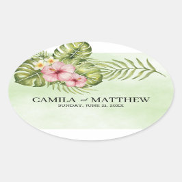 Exotische bladeren en bloemen ovale sticker