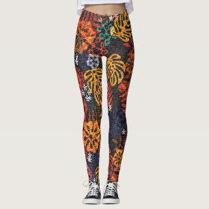 Exotische bladeren op denim, naadloze print. leggings