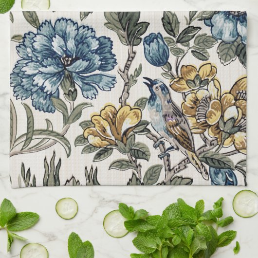 Exotische blauwe en goudbloemen en vogels theedoek (Gevouwen)