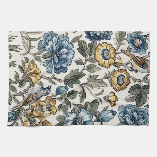 Exotische blauwe en goudbloemen en vogels theedoek (Horizontaal)