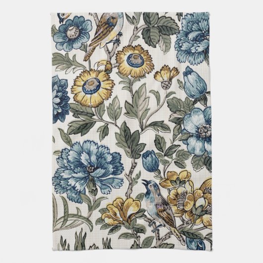 Exotische blauwe en goudbloemen en vogels theedoek (Verticaal)