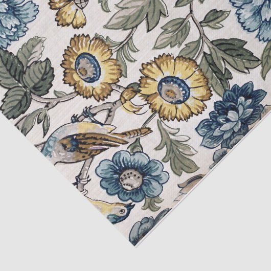 Exotische blauwe en goudbloemen en vogels tissuepapier (Detail)