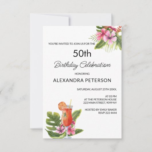 Exotische Bloem & Cocktail Verjaardag Kaart (Voorkant)