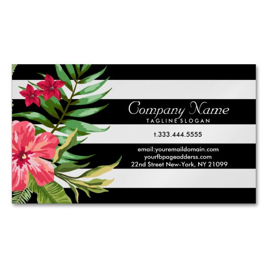 Exotische bloemen en witte en zwarte strepen visitekaartje magneet (Voorkant)