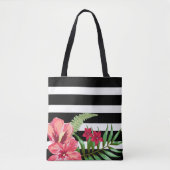 Exotische bloemen en zwarte witte strepen tote bag (Voorkant)