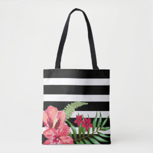 Exotische bloemen en zwarte witte strepen tote bag