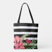Exotische bloemen en zwarte witte strepen tote bag (Achterkant)