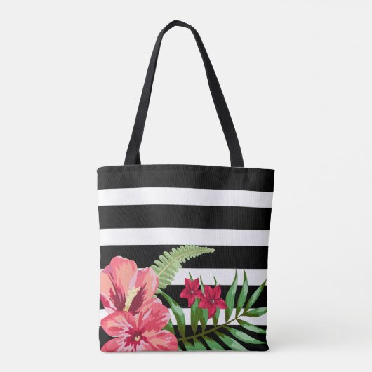 Exotische bloemen en zwarte witte strepen tote bag (Achterkant)