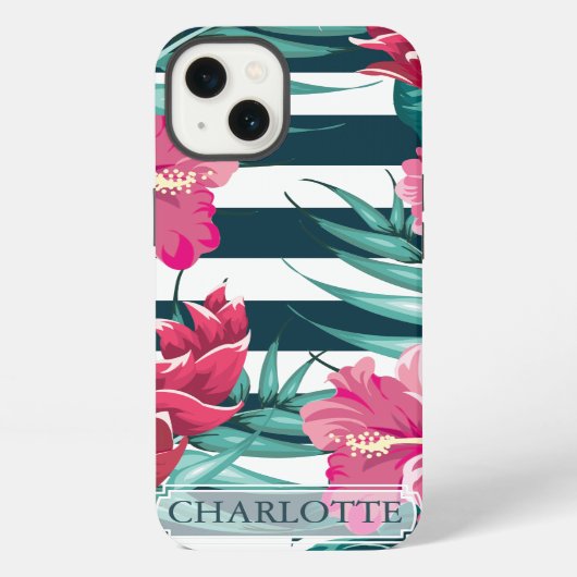 Exotische Bloemen Monogram gestreept iPhone Hoesje (Achterkant)