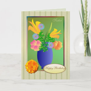 Exotische bloemetjes in een vaas - Sister Birthday Kaart