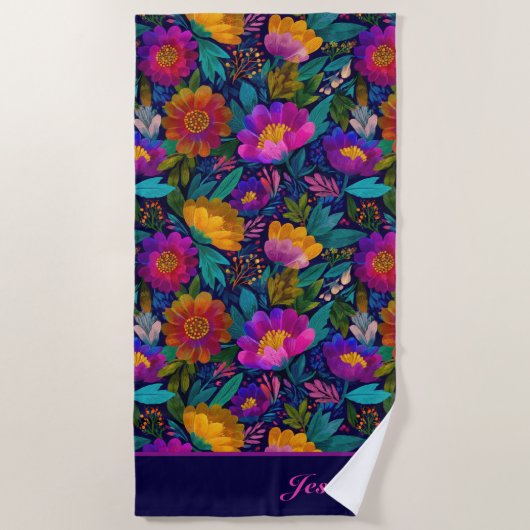 Exotische Bloesems Kleurrijke Bloemglans Naam Strandlaken (Voorkant)