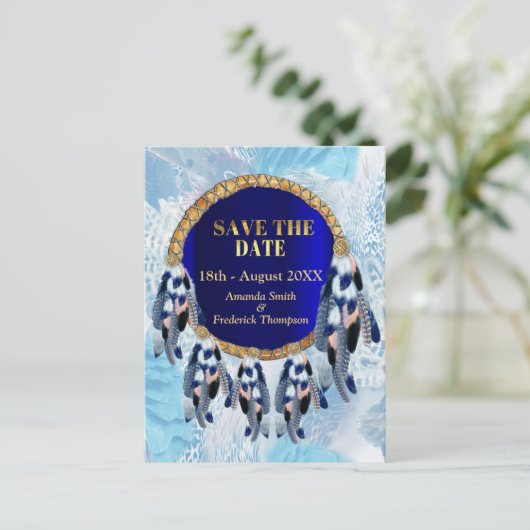 Exotische Blue Dream Catcher Save the Dates Aankondigingskaart (Staand voorkant)