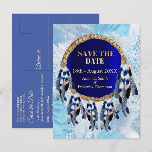 Exotische Blue Dream Catcher Save the Dates Aankondigingskaart (Voorkant / Achterkant)