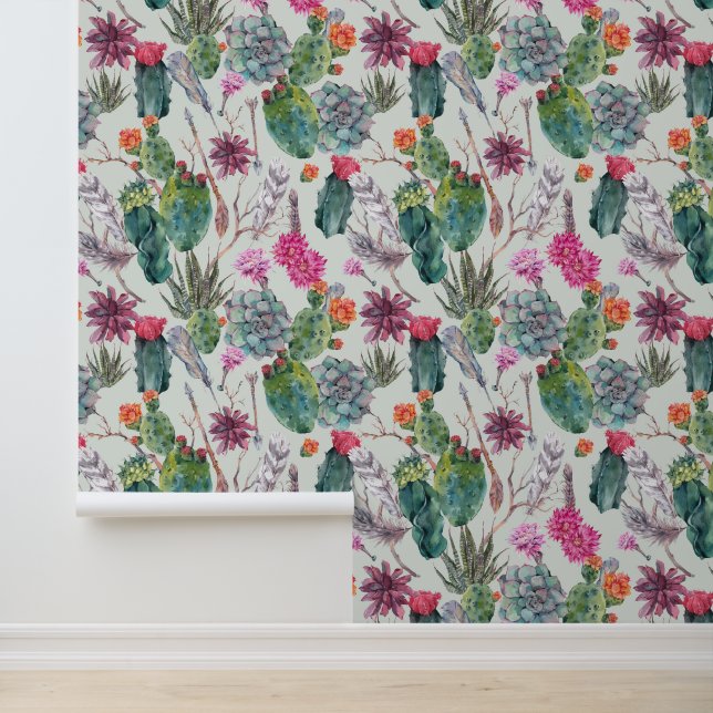 Exotische Boho Waterverf Cactus & Succulent Patroo Behang (Applicatie)