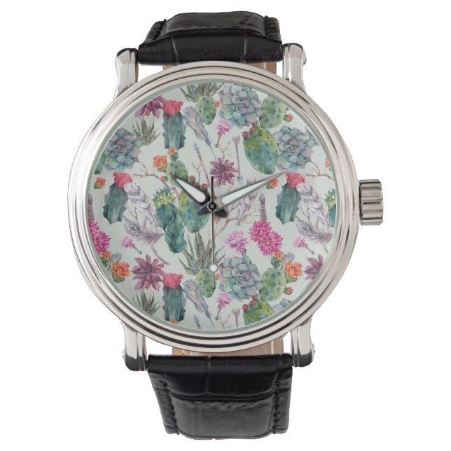 Exotische Boho Waterverf Cactus & Succulent Patroo Horloge (Voorkant)