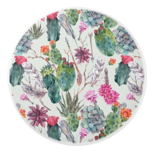 Exotische Boho Waterverf Cactus & Succulent Patroo Keramische Knop (Voorkant)
